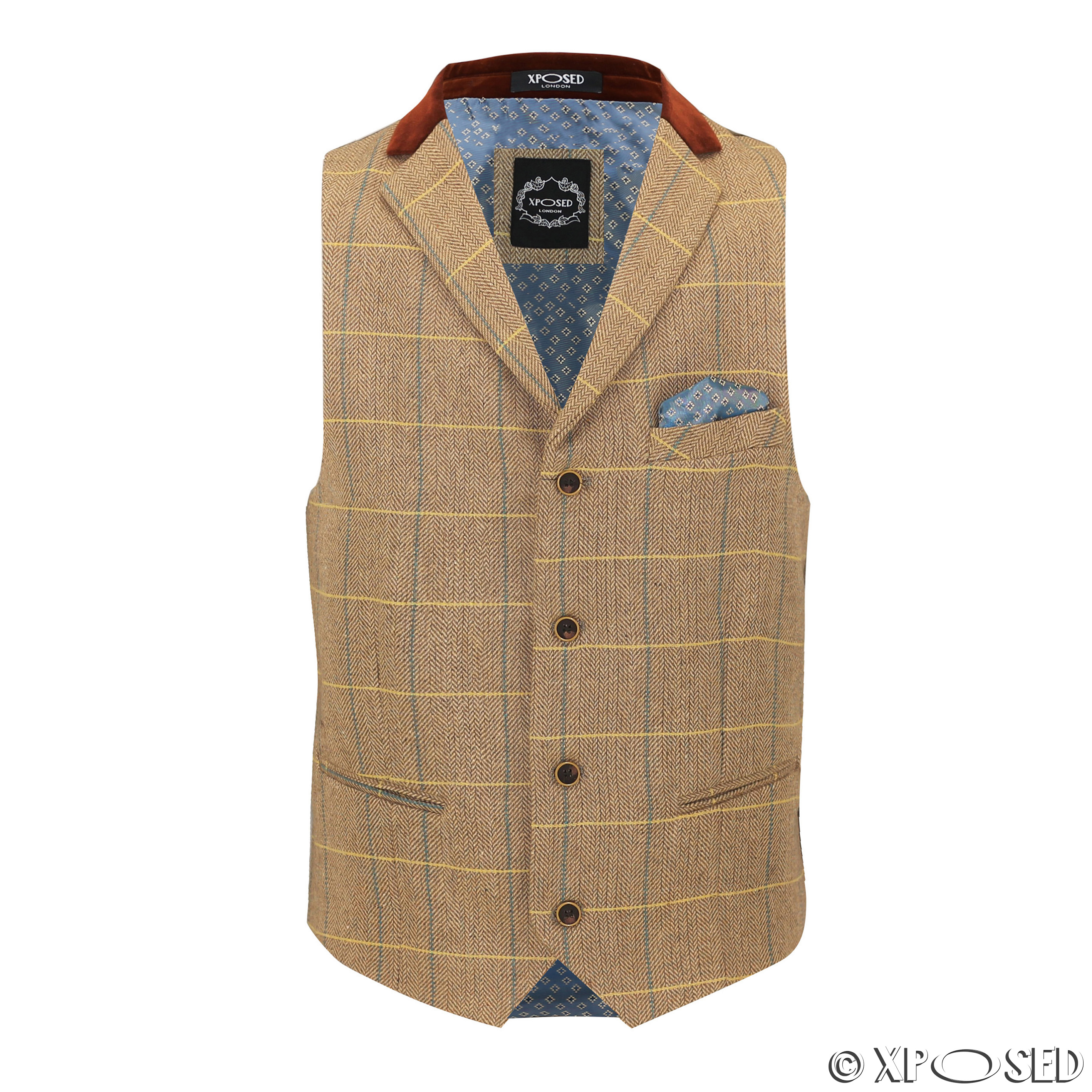 Mens Vintage Tweed Check Herringbone Oak Brown Grey Tailored Fit Retro